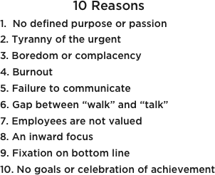 10 Reasons
1.  No defined purpose or passion
2. Tyranny of the urgent
3. Boredom or complacency
4. Burnout
5. Failure to communicate
6. Gap between “walk” and “talk”
7. Employees are not valued
8. An inward focus
9. Fixation on bottom line 
10. No goals or celebration of achievement
